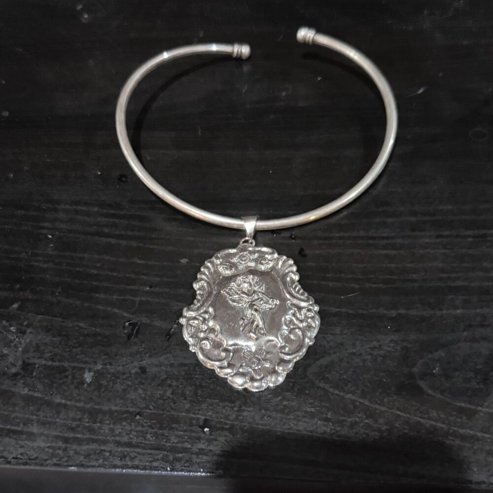 Vintage Victorian Revival Cherub Torque Choker Necklace Ornate Silver Tone Angel